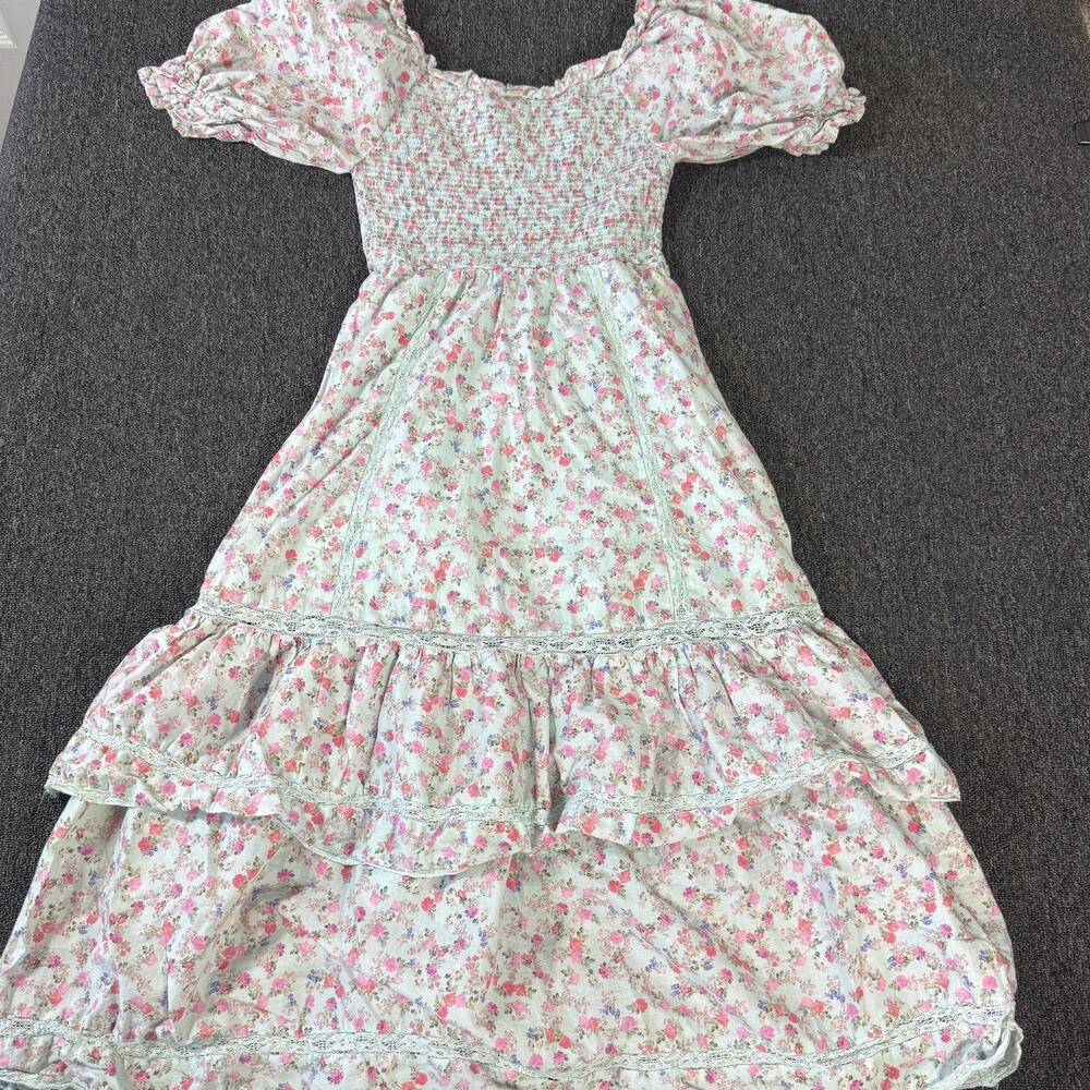 Loveshackfancy Boho Cottagecore Blue Pink Mini Floral Maxi Tiered Dress XXS